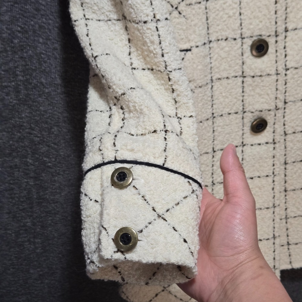 Free People Women's Check Grid Long Over Coat Jacket Sz 8 Ivory / Cream - Picture 4 of 11